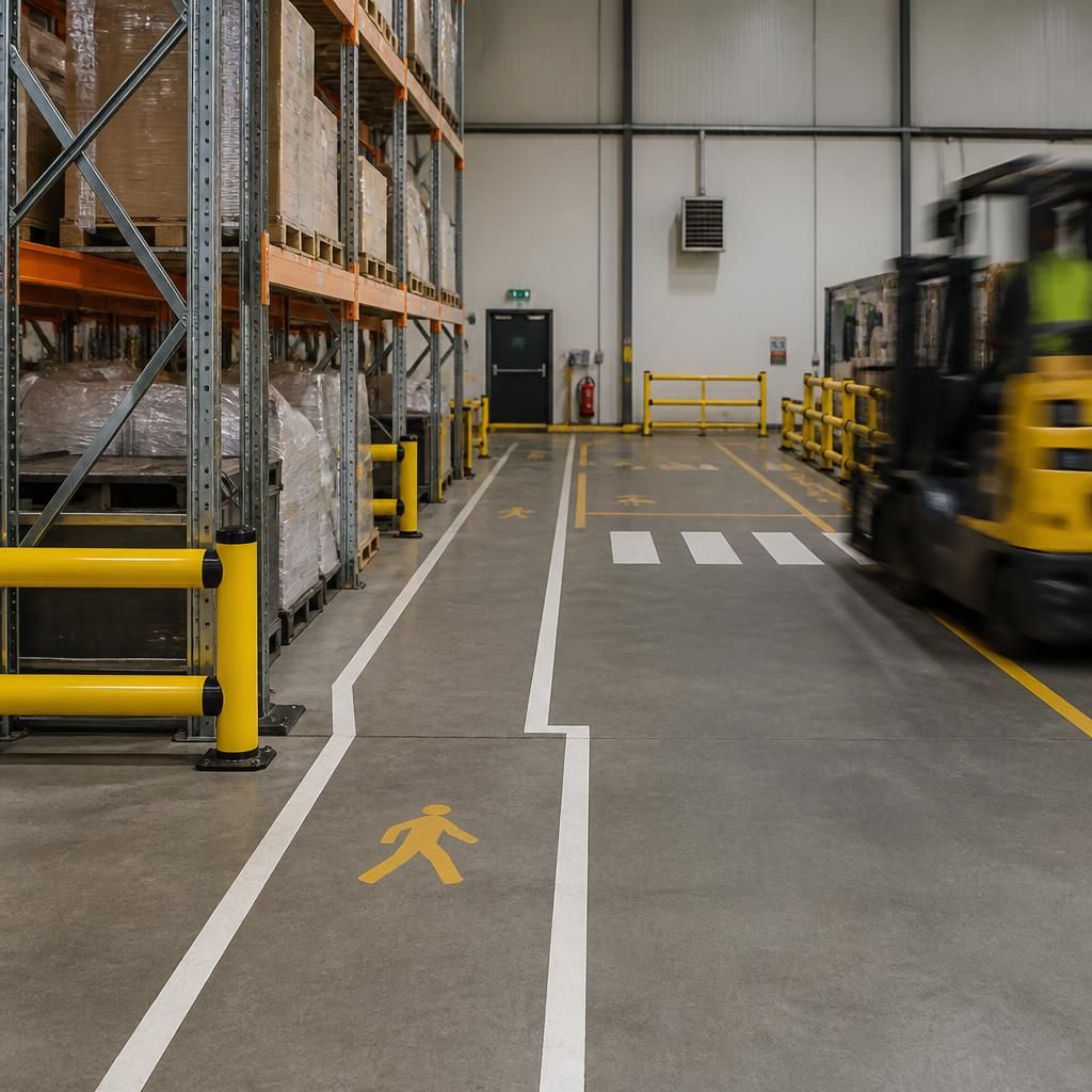 Safety barriers beside pallet racking and marked vehicle routes in a warehouse