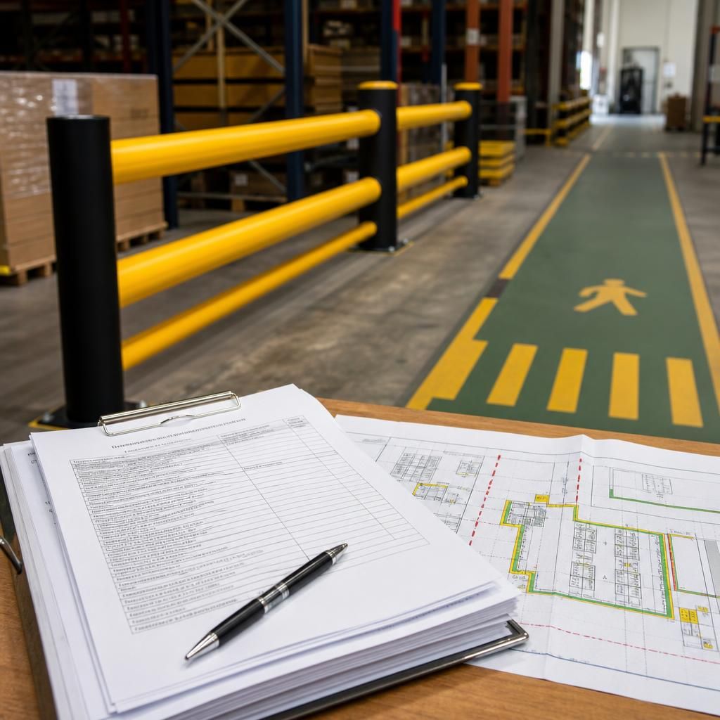 Warehouse barrier protection beside marked pedestrian routes, with inspection reports and layout drawings