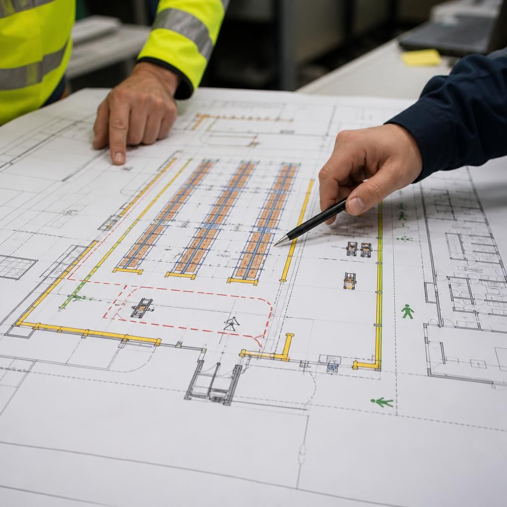 Warehouse floor plan showing safety barrier locations around racking and vehicle routes