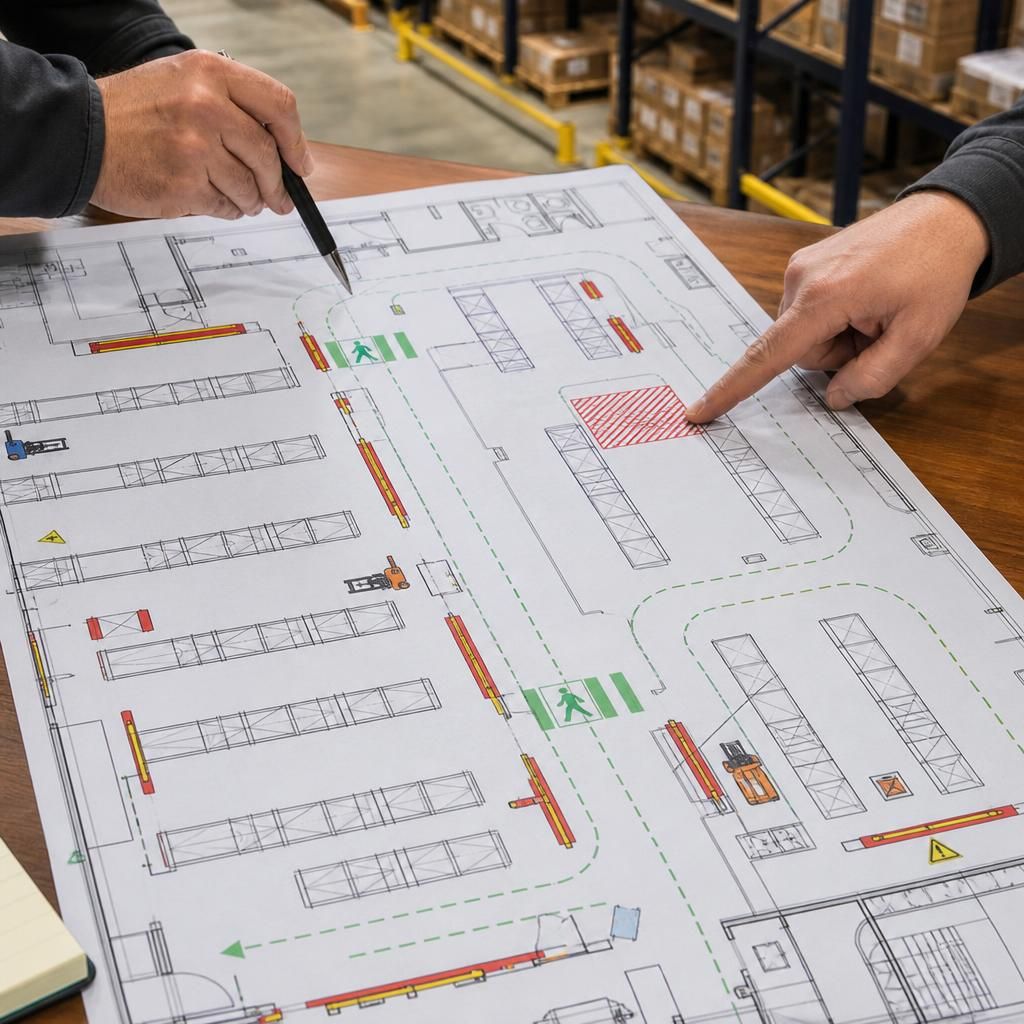 Marked warehouse plan showing barrier positions, vehicle routes and pedestrian crossings