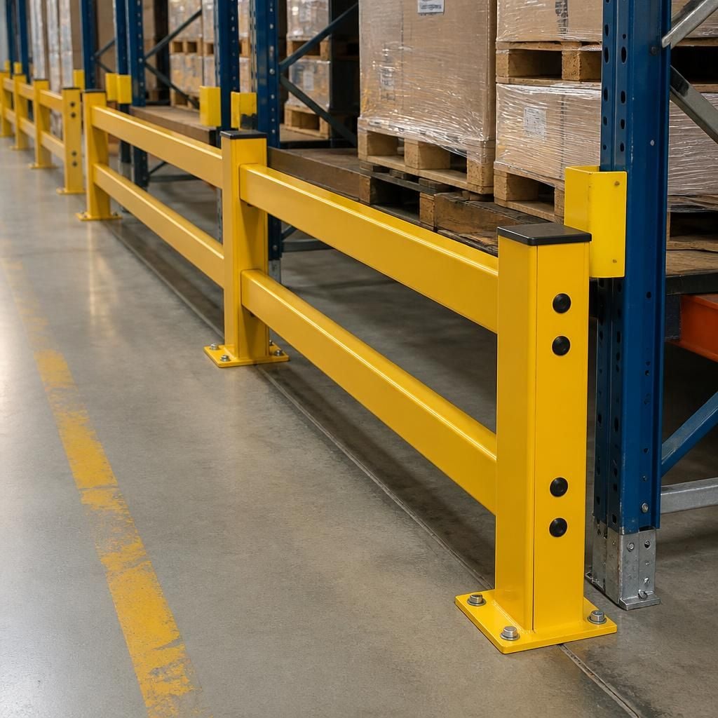 Bolted safety barrier beside warehouse racking, showing posts, rails and baseplates