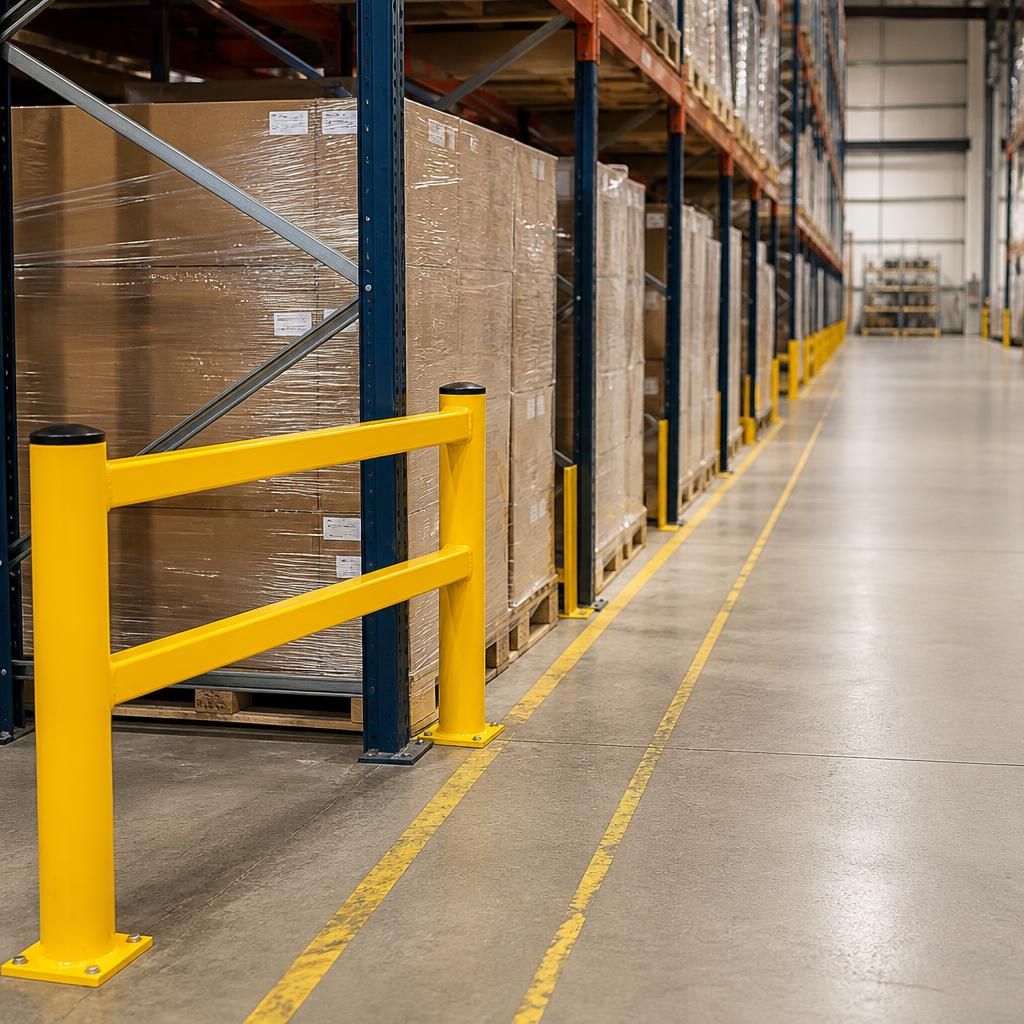 Warehouse aisle showing rack-end barriers beside pallet racking