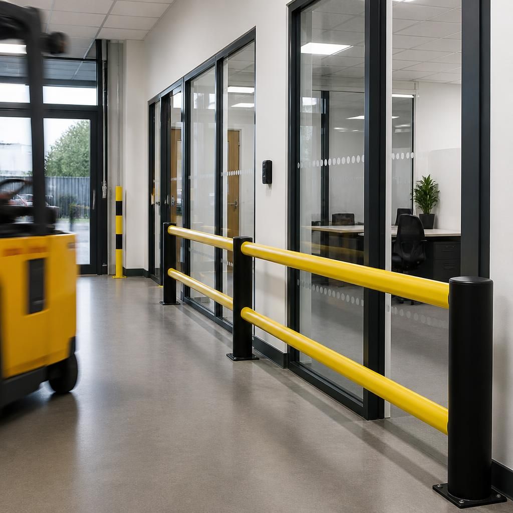 Pedestrian safety barrier beside an office walkway and vehicle access point