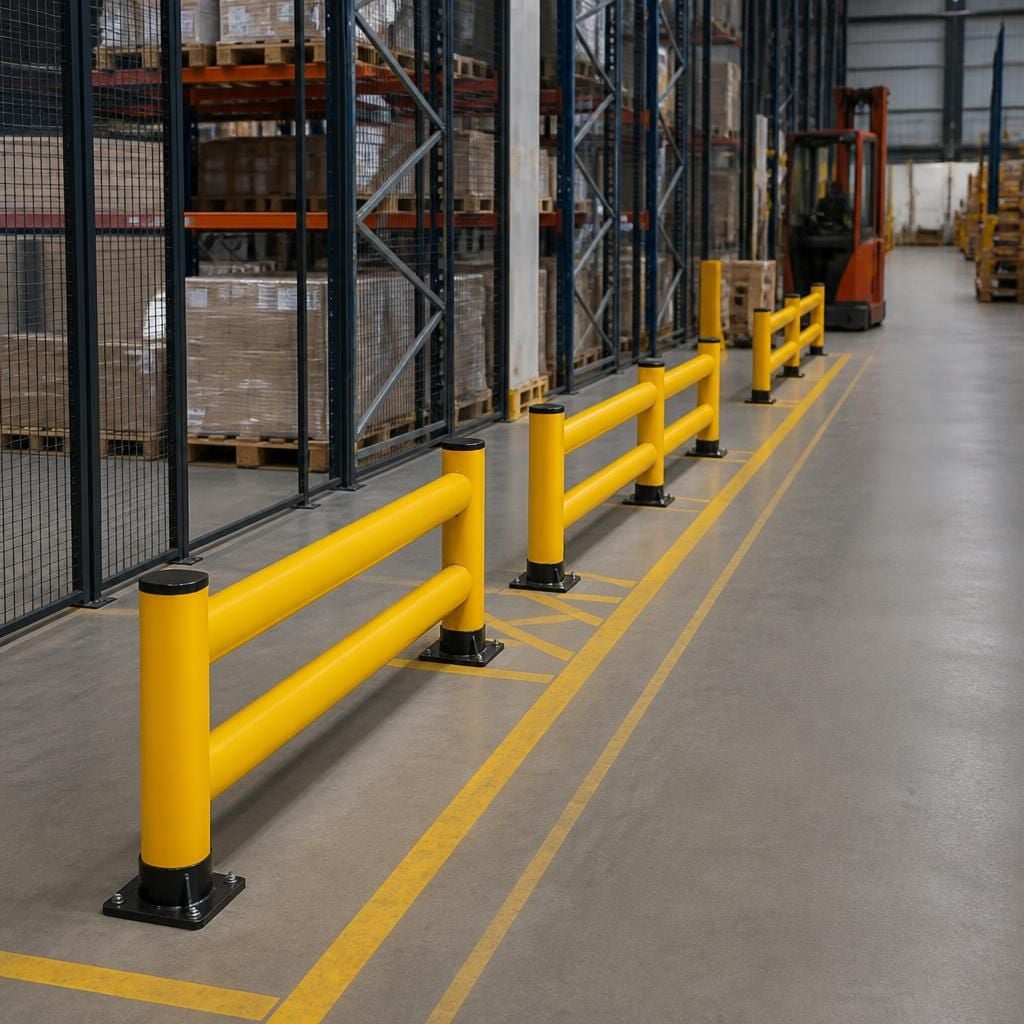 Floor-fixed safety barriers installed in separate sections beside a warehouse vehicle route