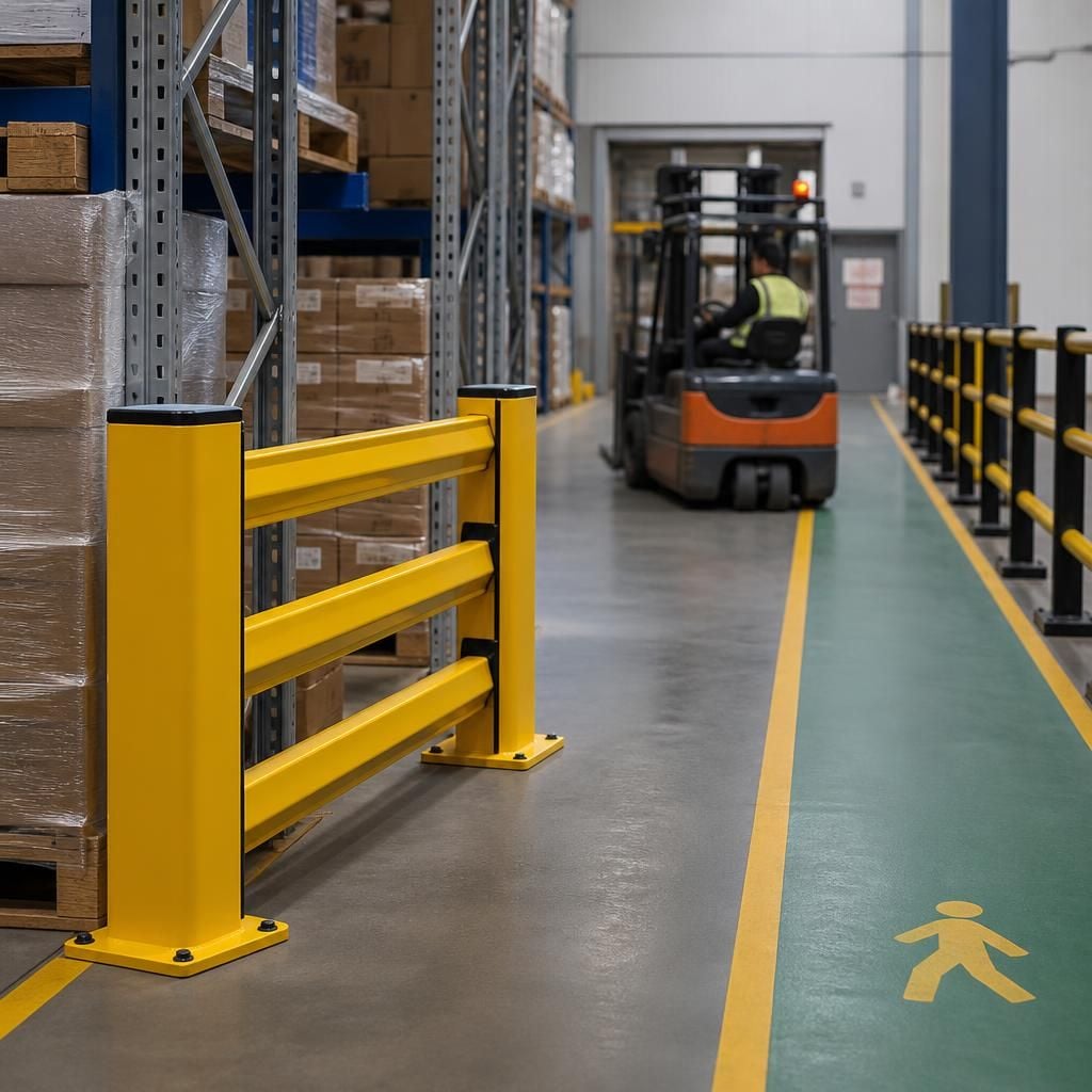 Rack-end barrier beside a pedestrian walkway and forklift route in a warehouse