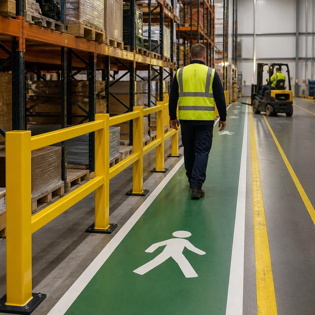Yellow safety barrier separating a pedestrian walkway from a warehouse vehicle route