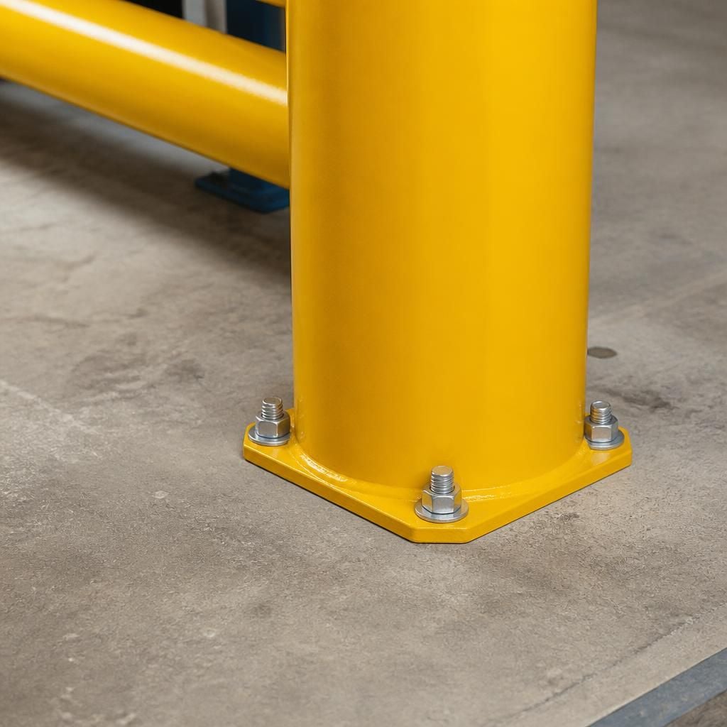 Steel barrier post with baseplate anchors fixed to a concrete floor