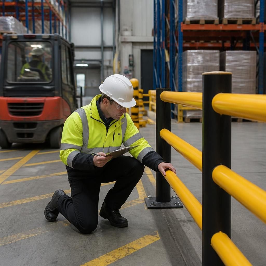 Industrial safety barrier being inspected beside a warehouse vehicle route