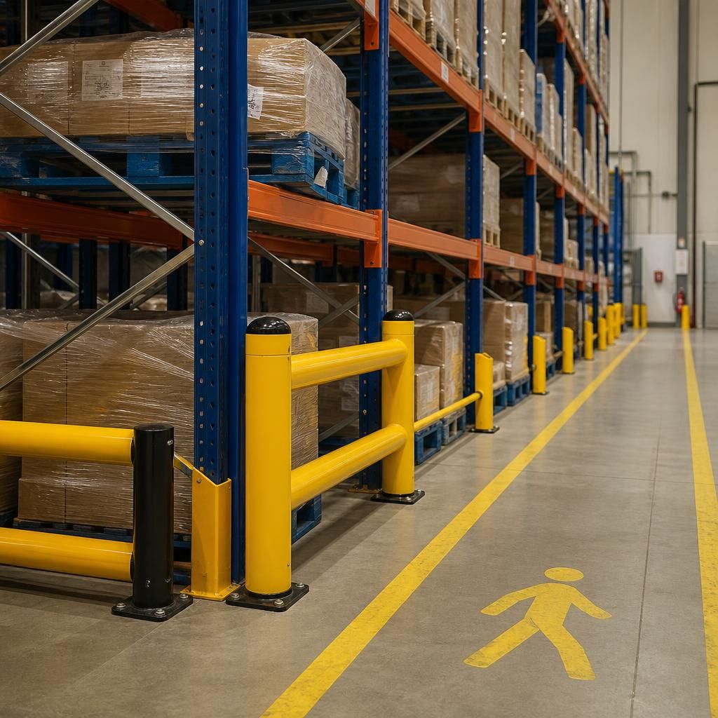 Warehouse aisle with safety barriers protecting pallet racking and pedestrian routes
