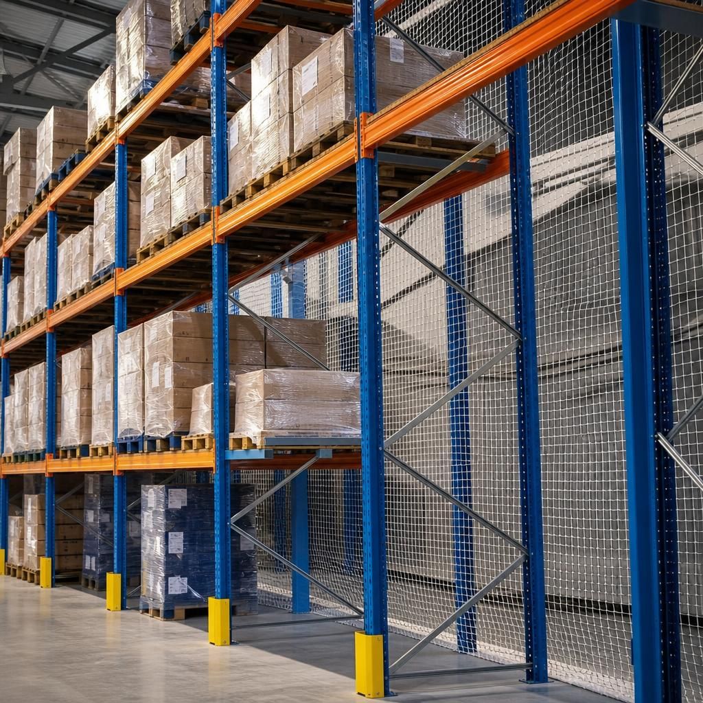 Safety netting fixed behind pallet racking with stored pallets