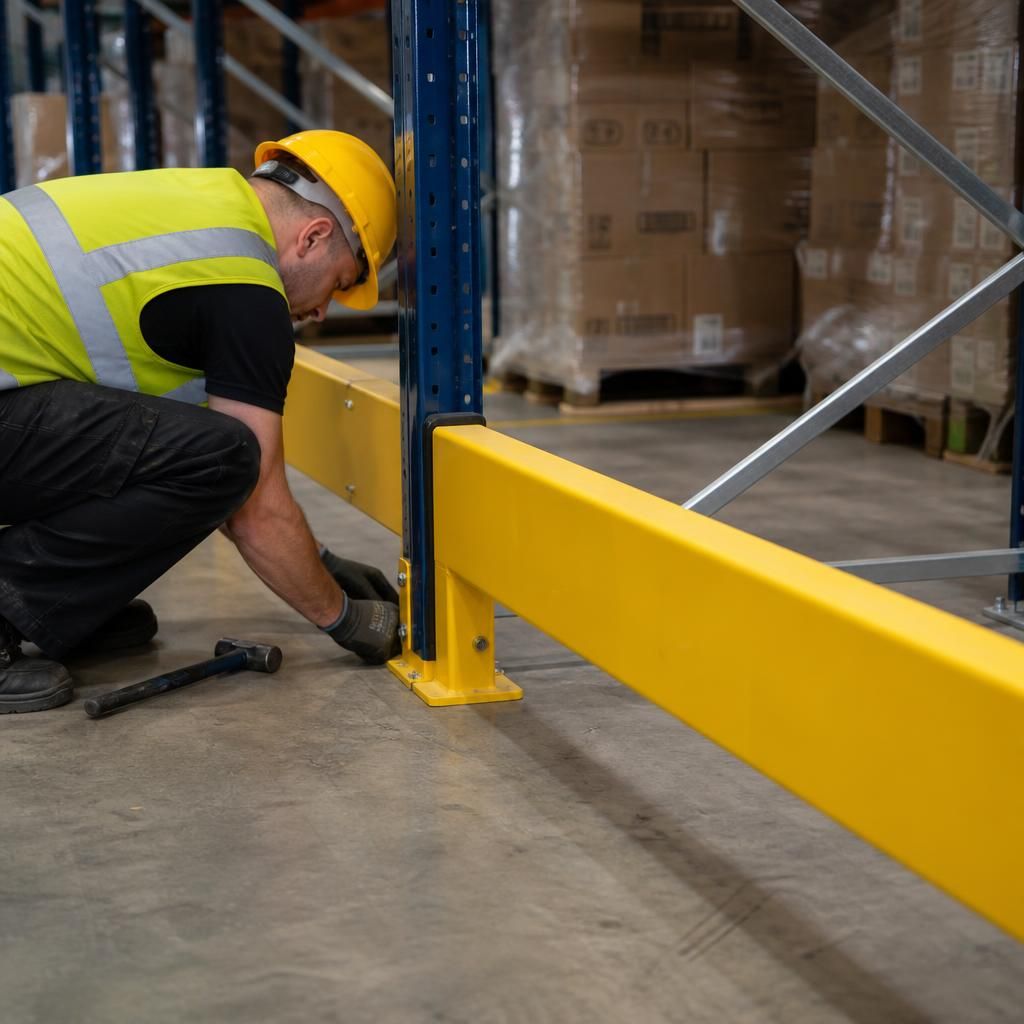 Safety barriers being installed beside pallet racking in a warehouse