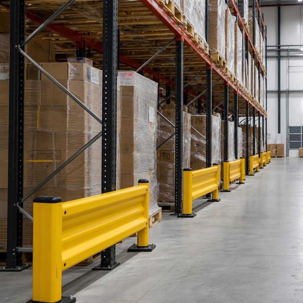 Warehouse pallet racking with modular protection barriers around rack ends and access routes
