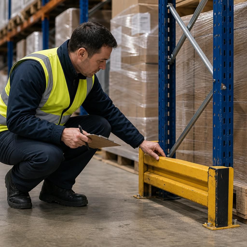 Warehouse worker inspecting a pallet racking protection barrier beside an aisle