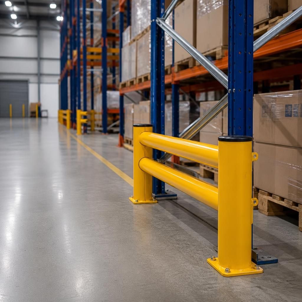 Pallet racking protection barrier beside a warehouse aisle