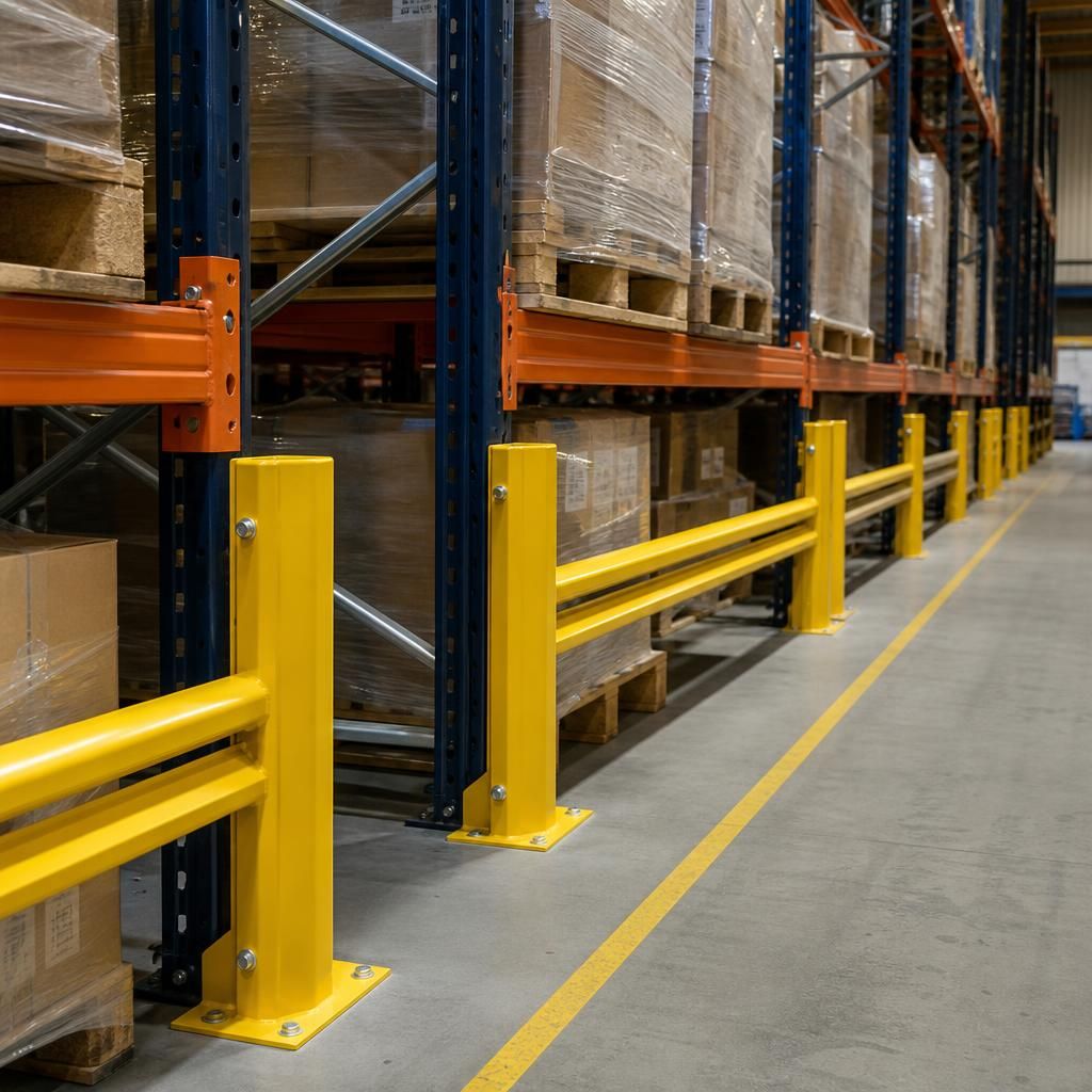 Warehouse aisle showing protective barriers around pallet racking uprights