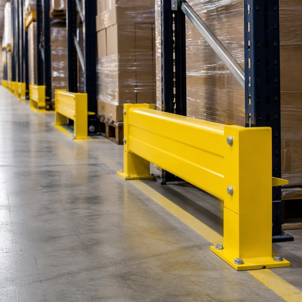 Yellow steel barriers protecting pallet racking ends beside a warehouse aisle