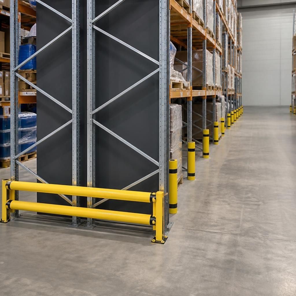 Pallet racking aisle showing an end guard across the rack end beside individual column guards