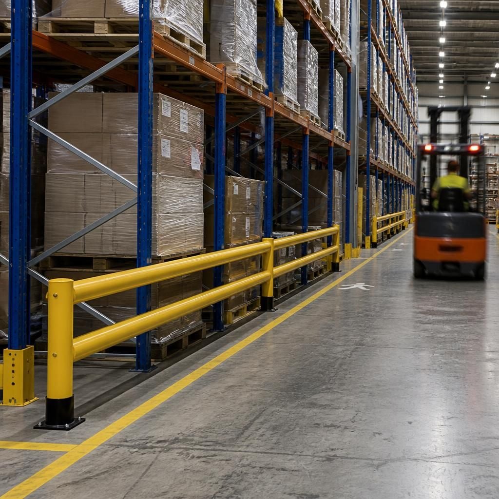 Warehouse aisle with double-rail barriers beside pallet racking and forklift routes
