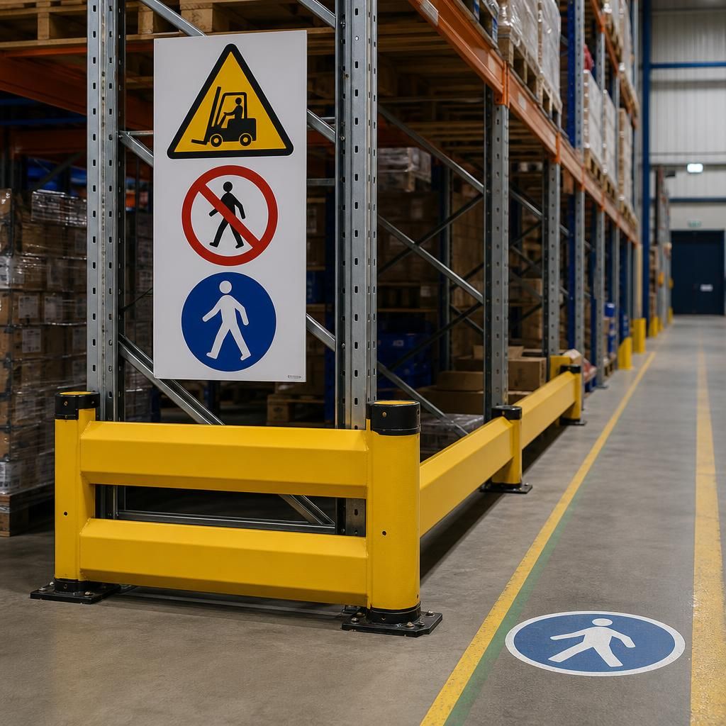 Warning and pedestrian route signs beside a pallet racking protection barrier