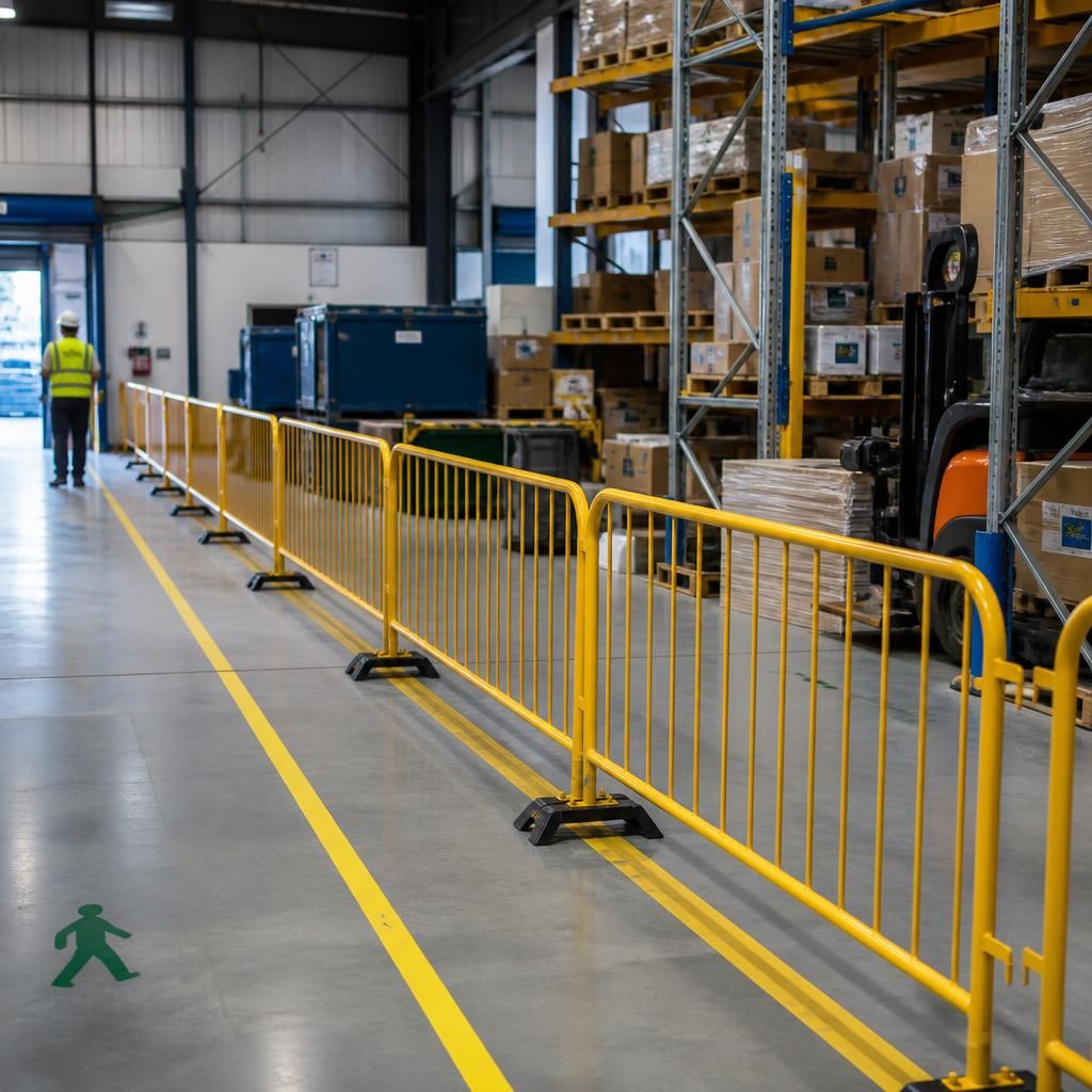 Temporary pedestrian safety barriers beside a marked warehouse walkway and work area