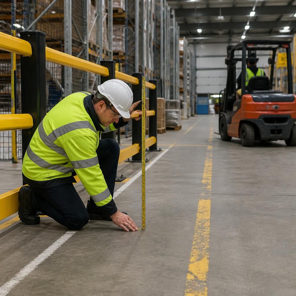 Surveyor measuring a warehouse floor beside pedestrian barriers and vehicle routes