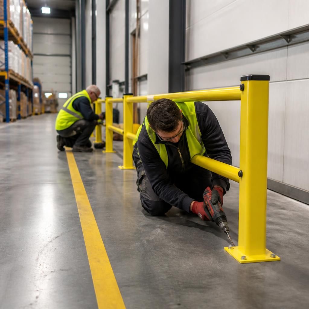 Installers fixing a pedestrian safety barrier beside a warehouse walkway