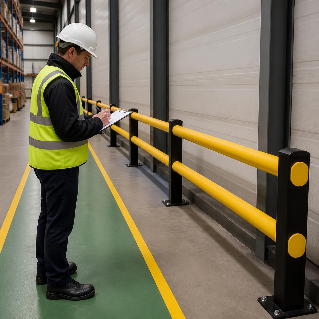 Pedestrian safety barrier beside a marked warehouse walkway