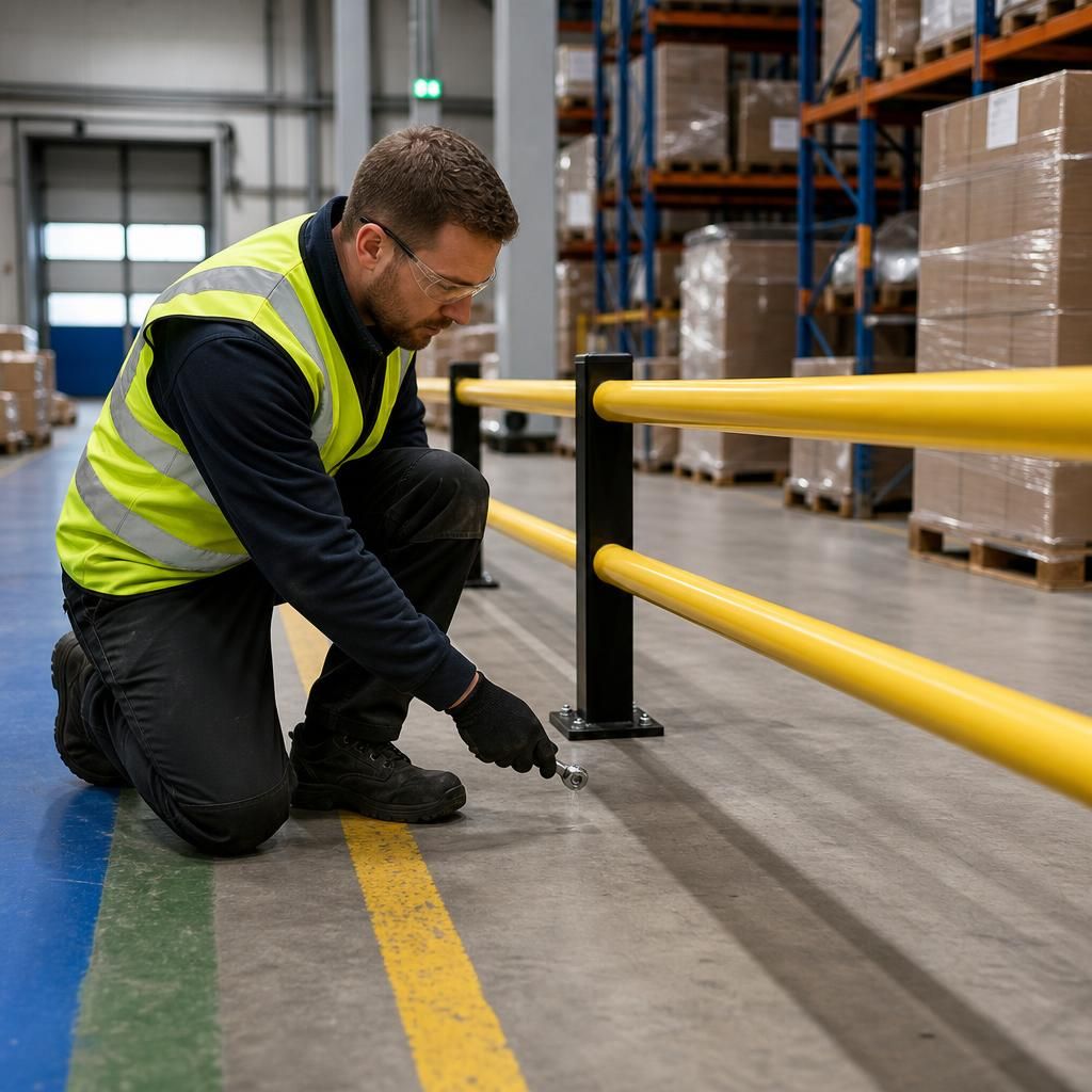 Worker checking fixings on a pedestrian safety barrier beside a warehouse route