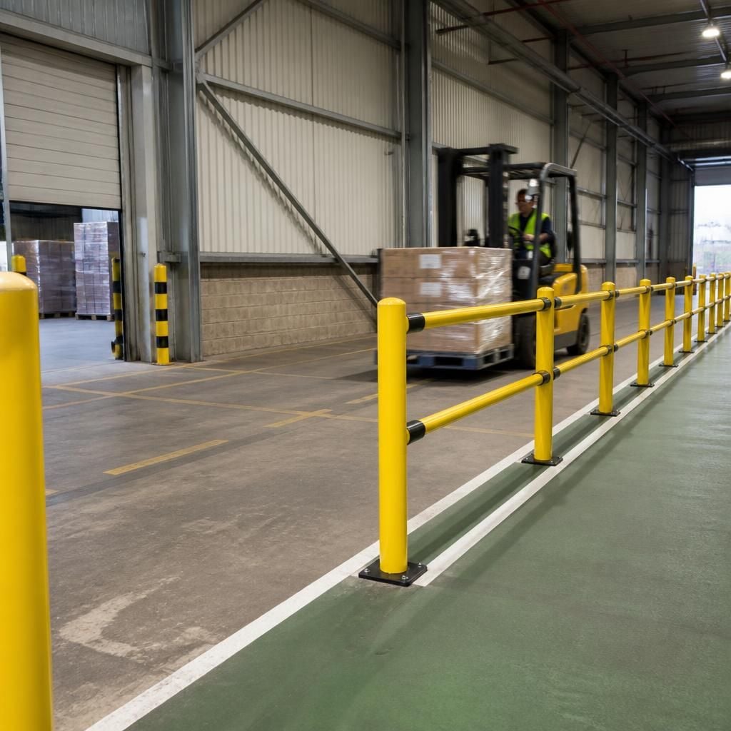 Open rail pedestrian barriers beside a warehouse vehicle route