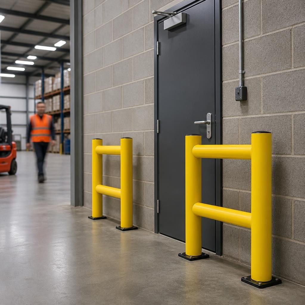 Pedestrian barrier positioned beside a warehouse access door