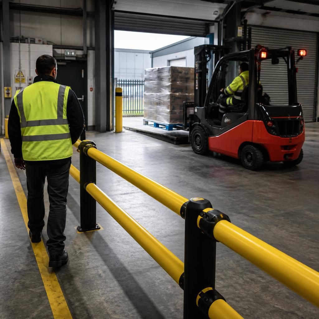 Pedestrian barrier separating workers from forklifts beside a loading bay