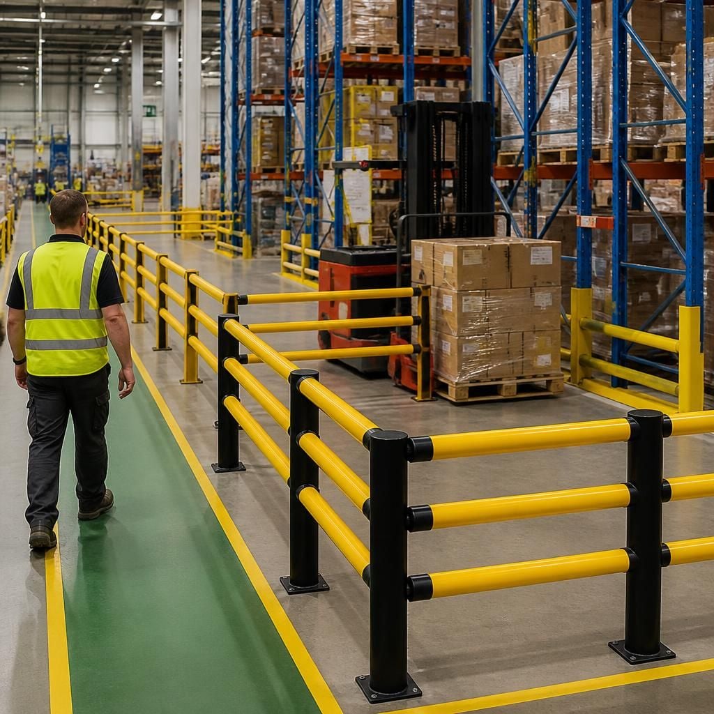 Sectional pedestrian barriers arranged around warehouse racking and marked walkways