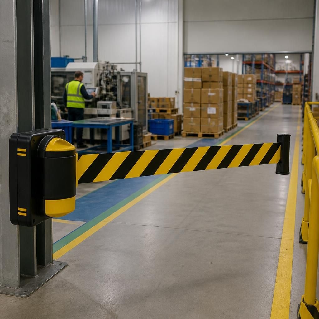 Retractable safety barrier separating a pedestrian route from a changing warehouse work area