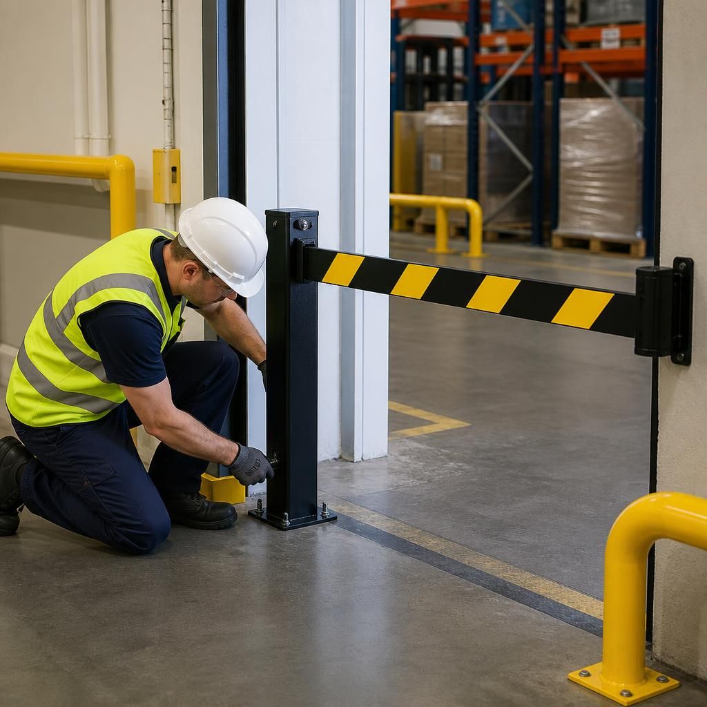 Retractable barrier being installed beside a warehouse access route