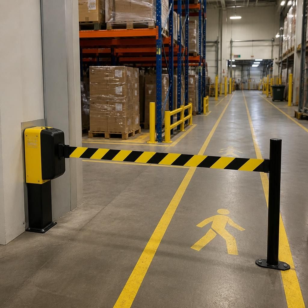 Retractable barrier across a warehouse access point beside marked pedestrian routes