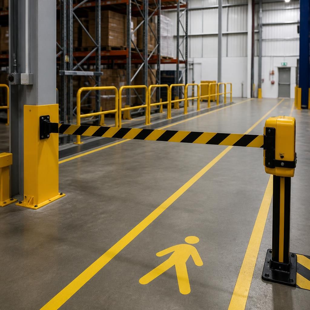 Retractable safety barrier across a warehouse access point beside marked pedestrian routes