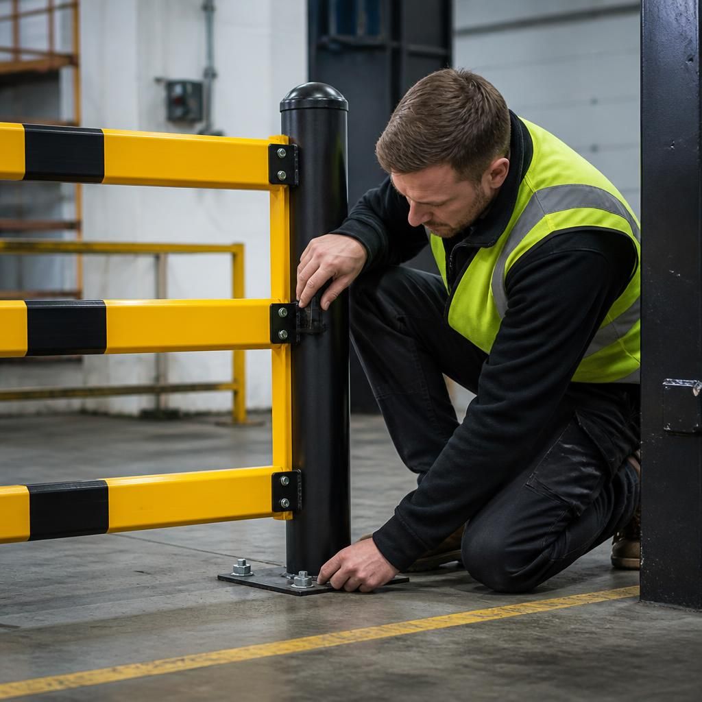 Worker inspecting hinges, locking points and floor fixings on a retractable safety barrier