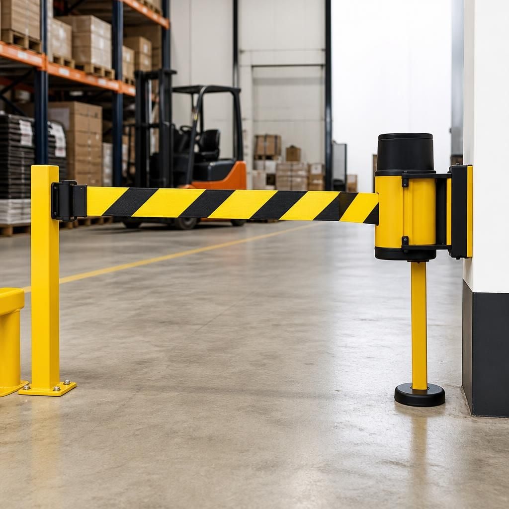 High-visibility retractable barrier secured across a warehouse access point