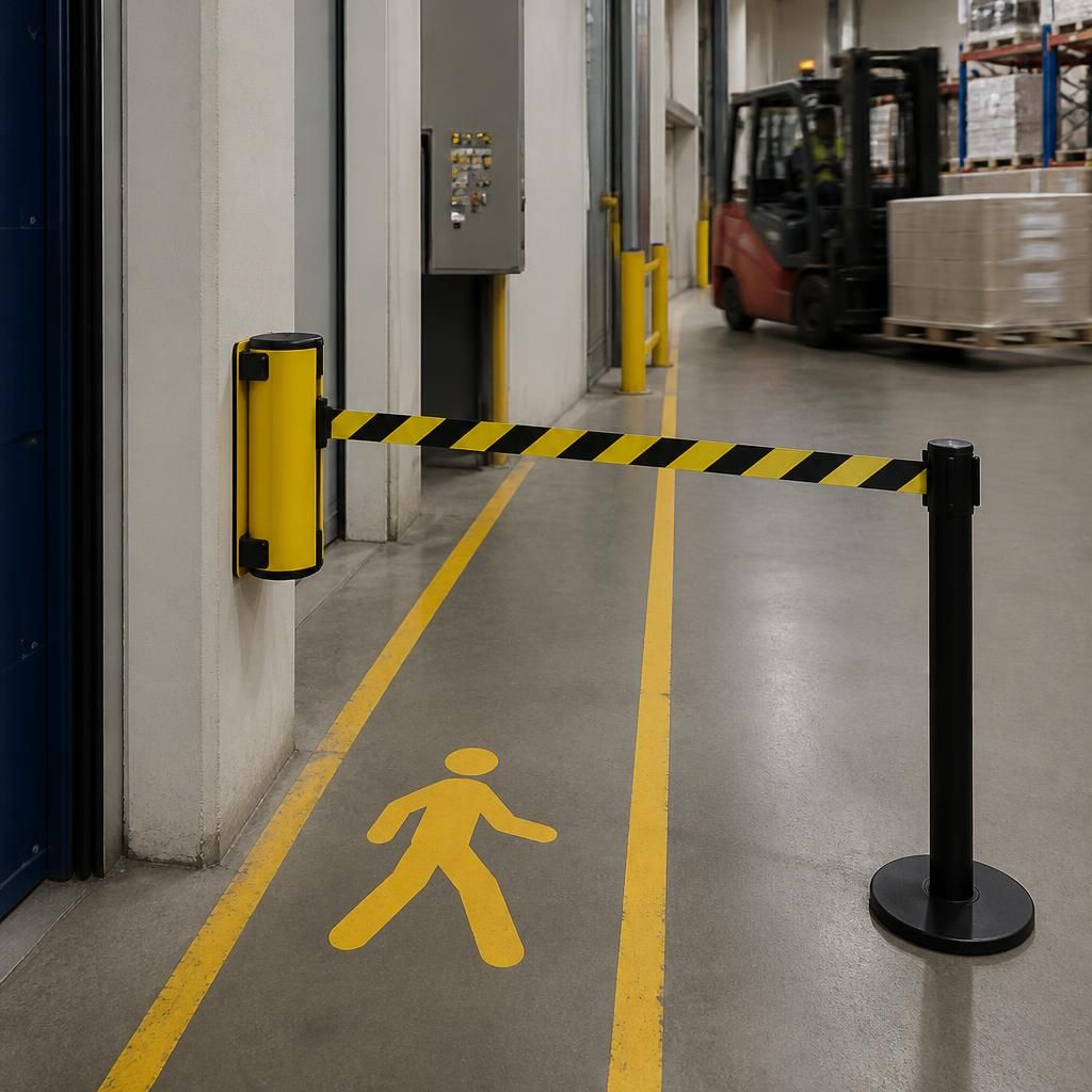 Retractable barrier beside a warehouse pedestrian route and vehicle access point
