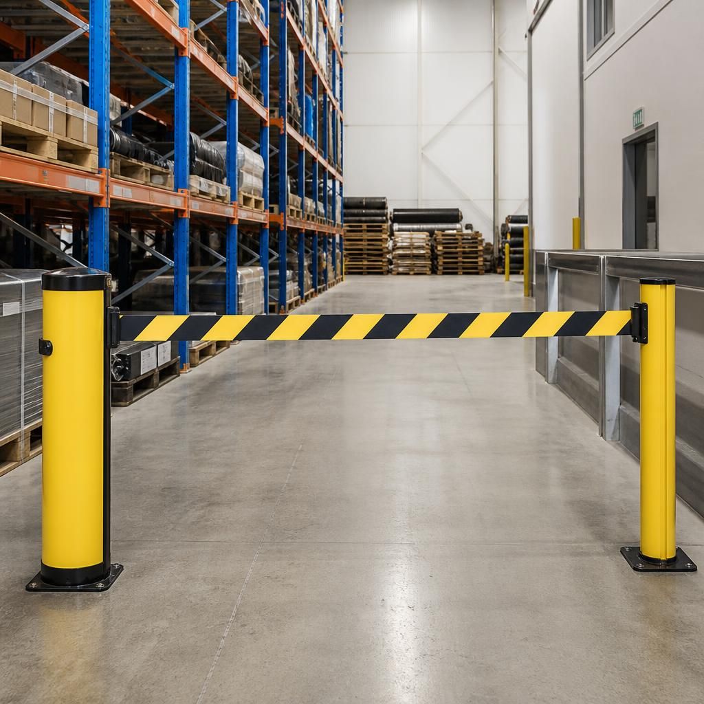 Retractable safety barrier across a warehouse aisle beside pallet racking