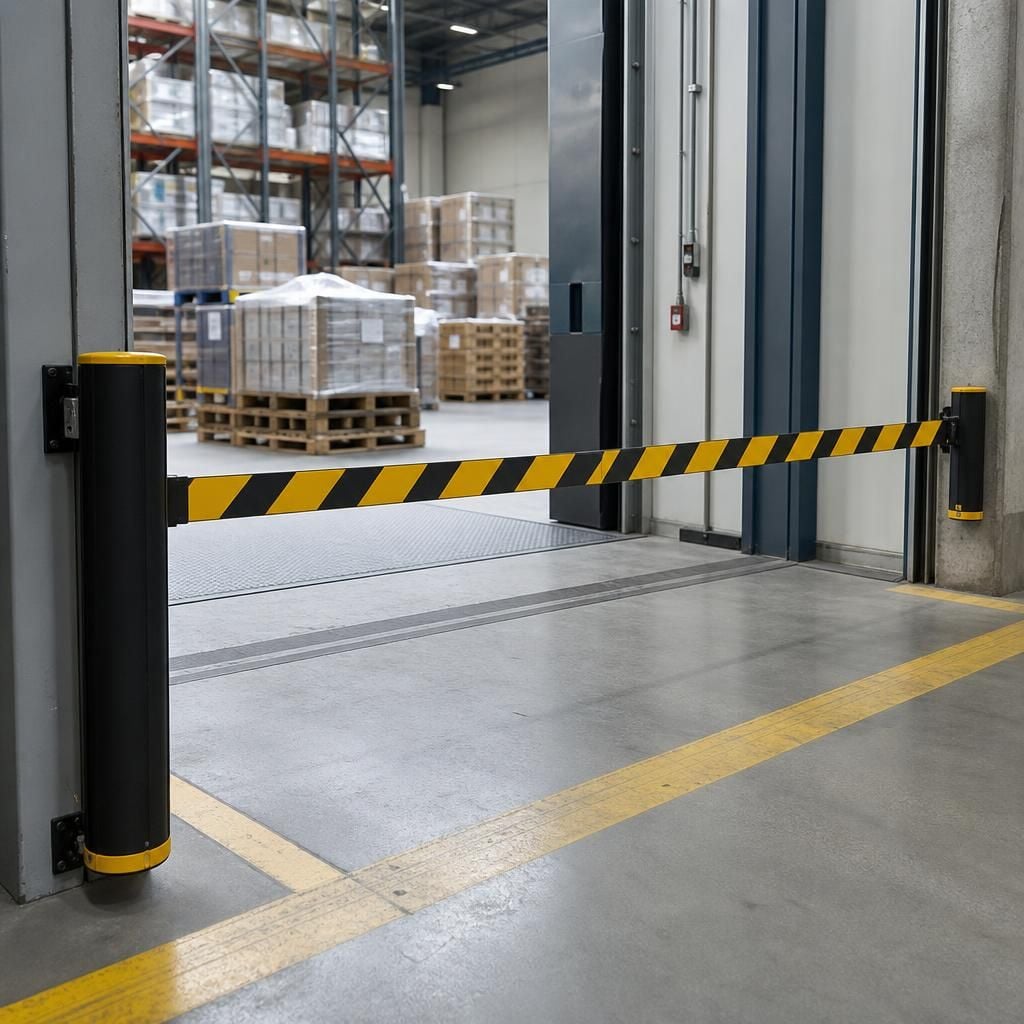 Retractable barrier controlling access beside a warehouse loading area