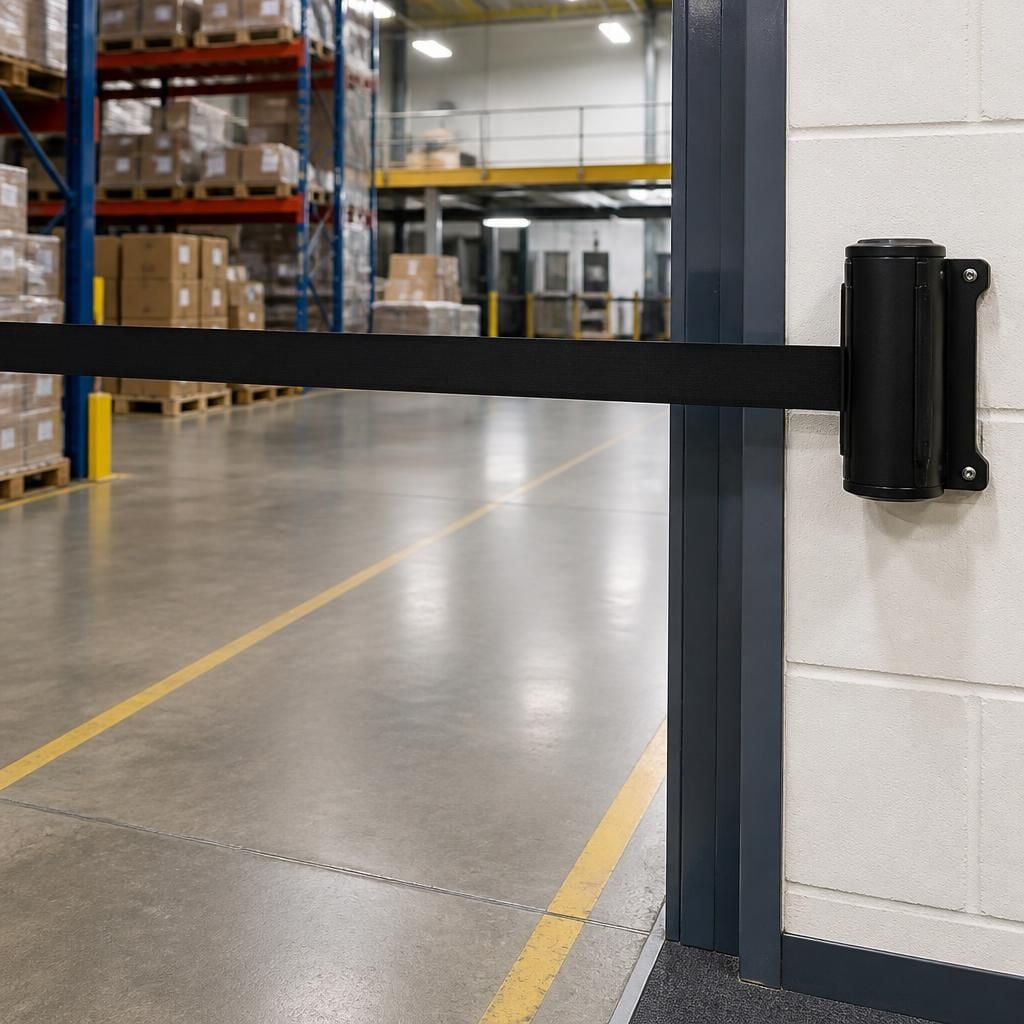 Wall-mounted retractable barrier beside a warehouse walkway