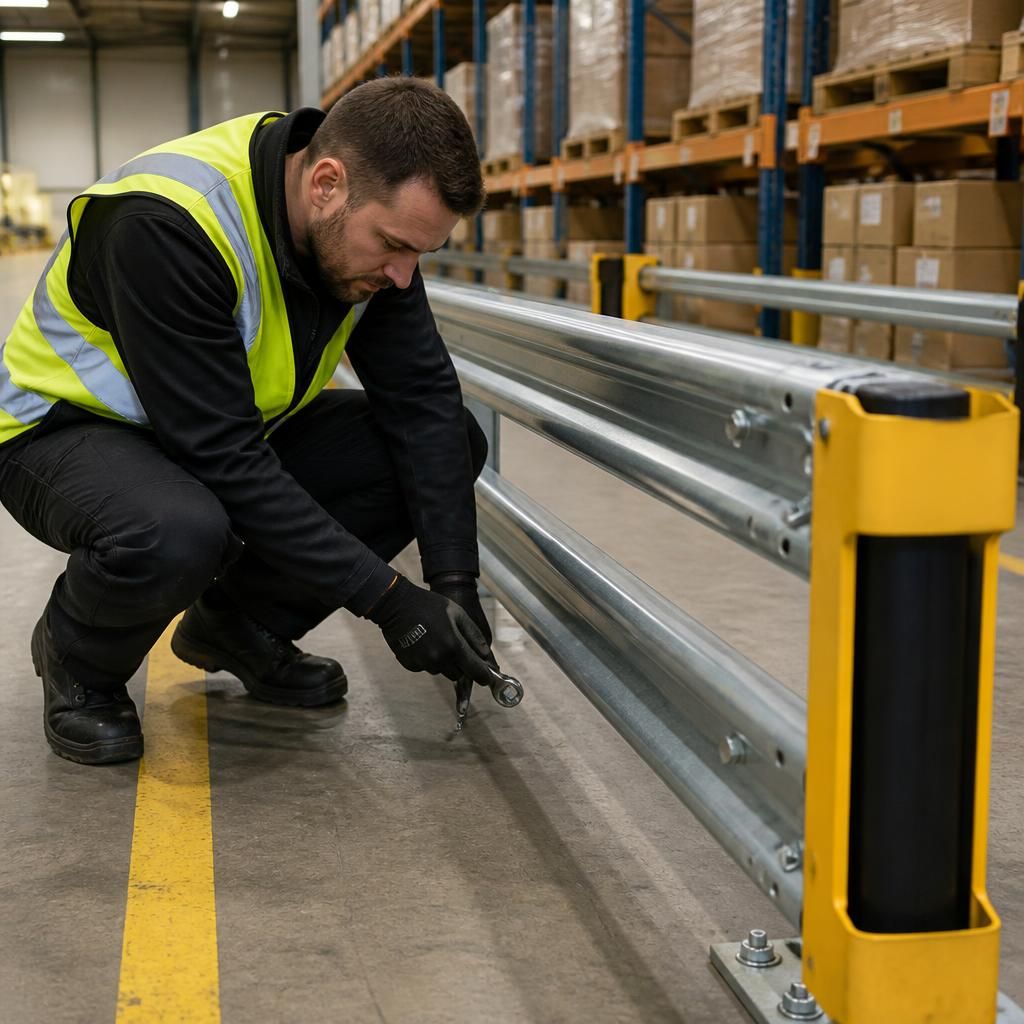 Technician checking fixings on a steel vehicle impact barrier beside a warehouse route