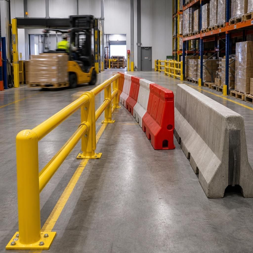 Steel, polymer and concrete traffic barriers positioned beside warehouse vehicle routes