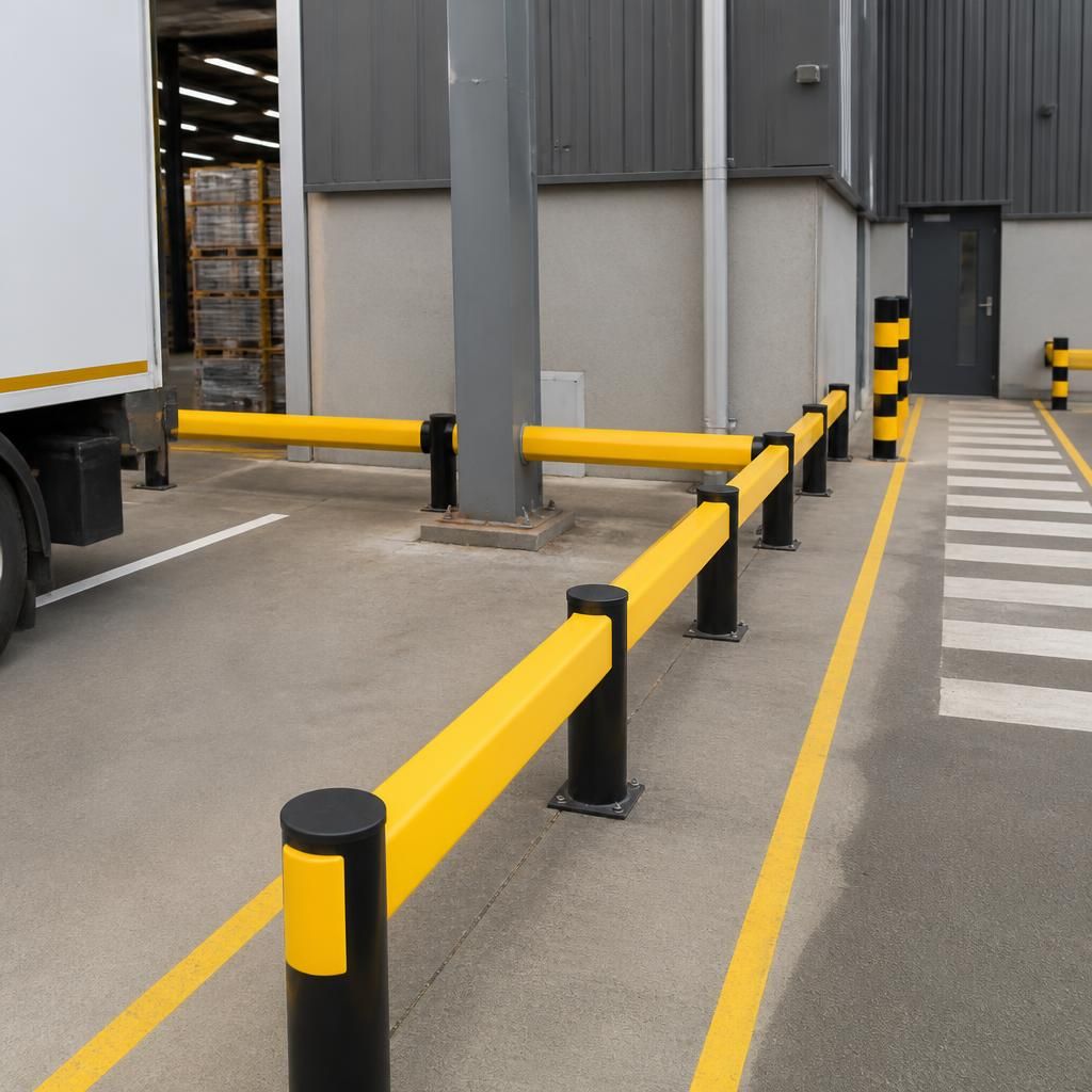Vehicle impact barriers beside a warehouse loading area and pedestrian route