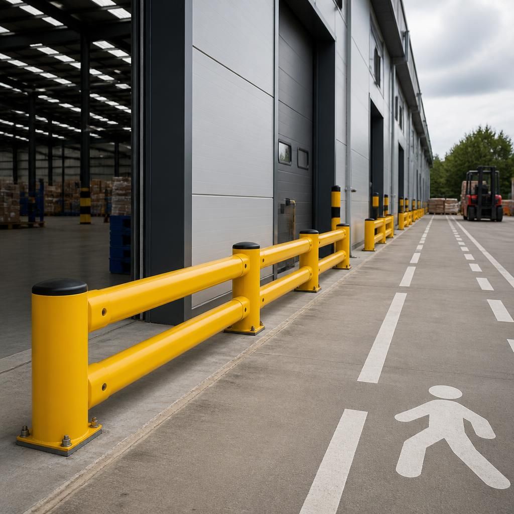 Vehicle impact barrier beside a warehouse loading bay and marked traffic route