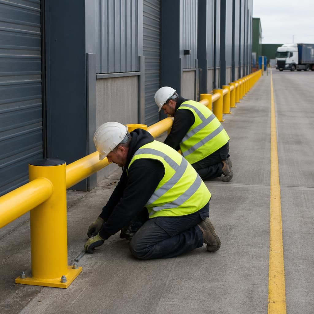 Installers securing vehicle impact barriers beside a warehouse traffic route