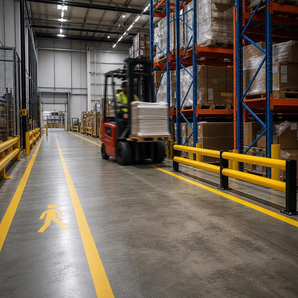 Warehouse aisle with vehicle impact barriers beside racking and marked forklift routes