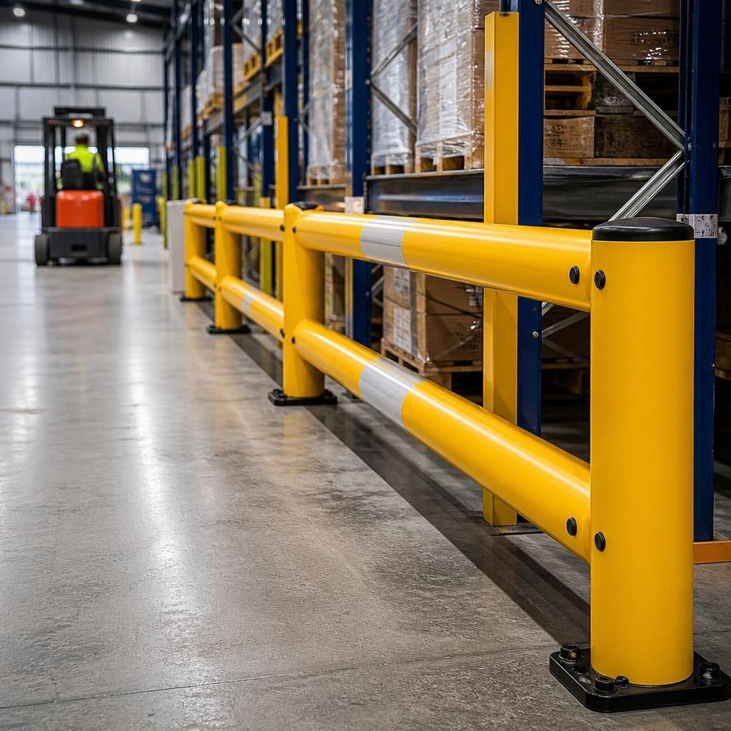 Yellow vehicle impact barriers with reflective markings beside a warehouse aisle