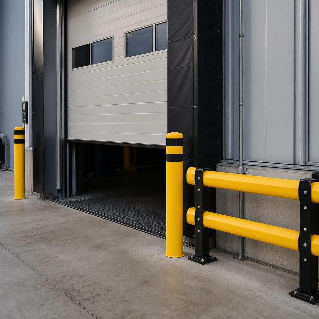 Steel bollards and guard rail beside a warehouse dock door
